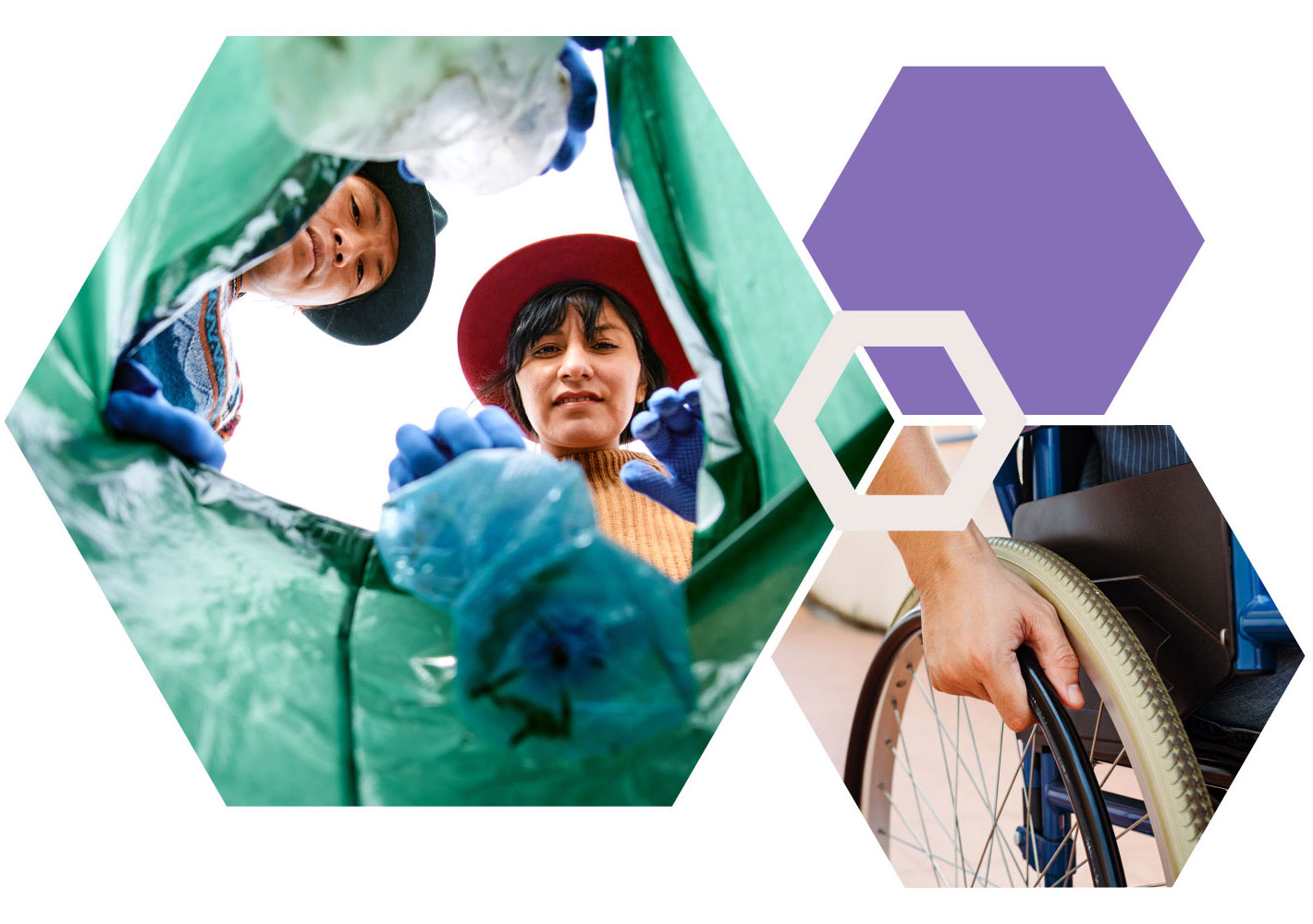 Hexagon image collage featuring an image of organizers working  and an image of a wheelchair wheel.