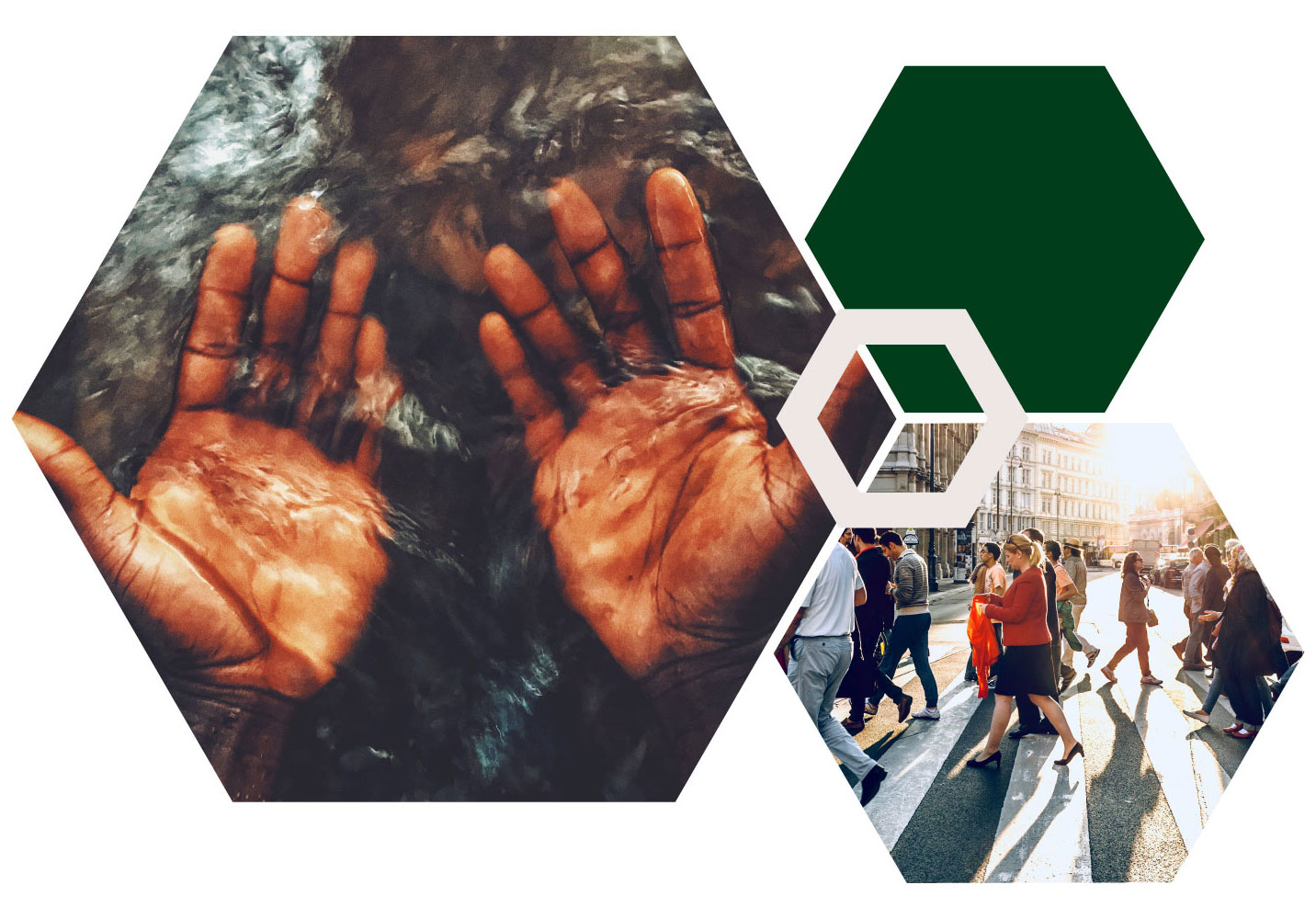 Hexagon collage with an image of hands and an image of people crossing the street.