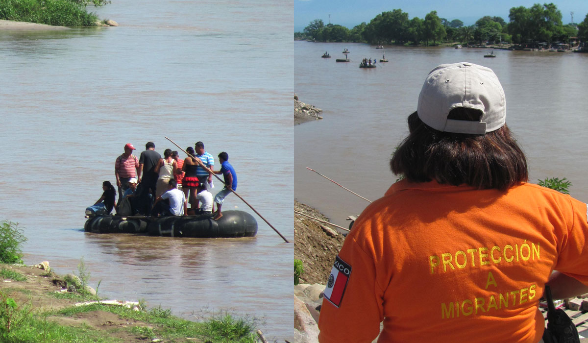 migrants on river rafts and migration official overlooking river
