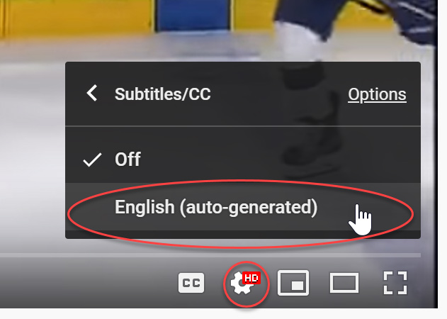 Screengrab of a youtube video indicating where captions can be turned on in settings