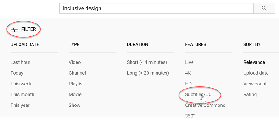 Screengrab of a filtered YouTube search showing how to filter results with captioned videos only