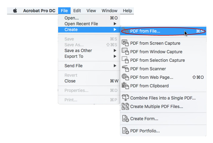 Screengrab of Acrobat Pro showing the file menu open with the create PDF from file option selected
