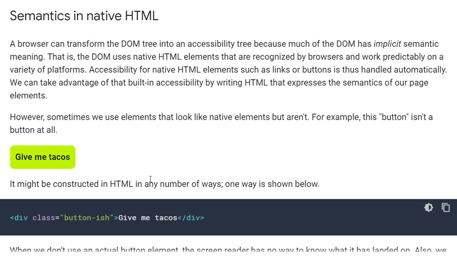 Screengrab of the web accessibility fundamentals guide discussing semantics in native HTML