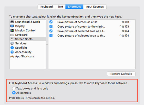 Screenshot of the keyboard shortcuts tab in system preferences on a mac showing all controls selected