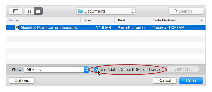 Screengrab of the documents folder open on a mac with a file selected and the “use adobe create PDF cloud service” checkbox selected