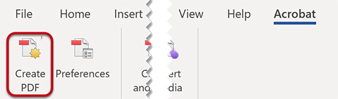 Screengrab of Microsoft Office for Windows showing the Acrobat tab selected and the create PDF button highlighted