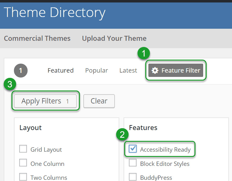 Screengrab of the wordpress theme directory showing the accessibility ready feature checked under the feature filter category