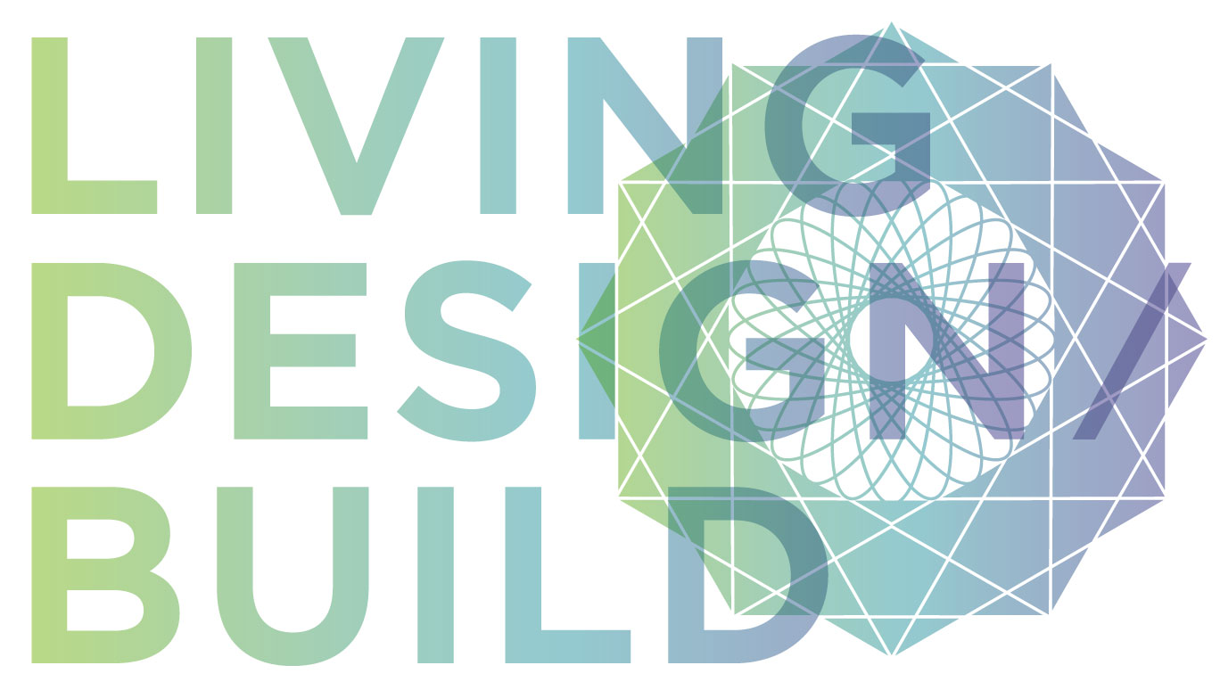 Graphic design image of the words “LIVING DESIGN / BUILD” with a geometric pattern.