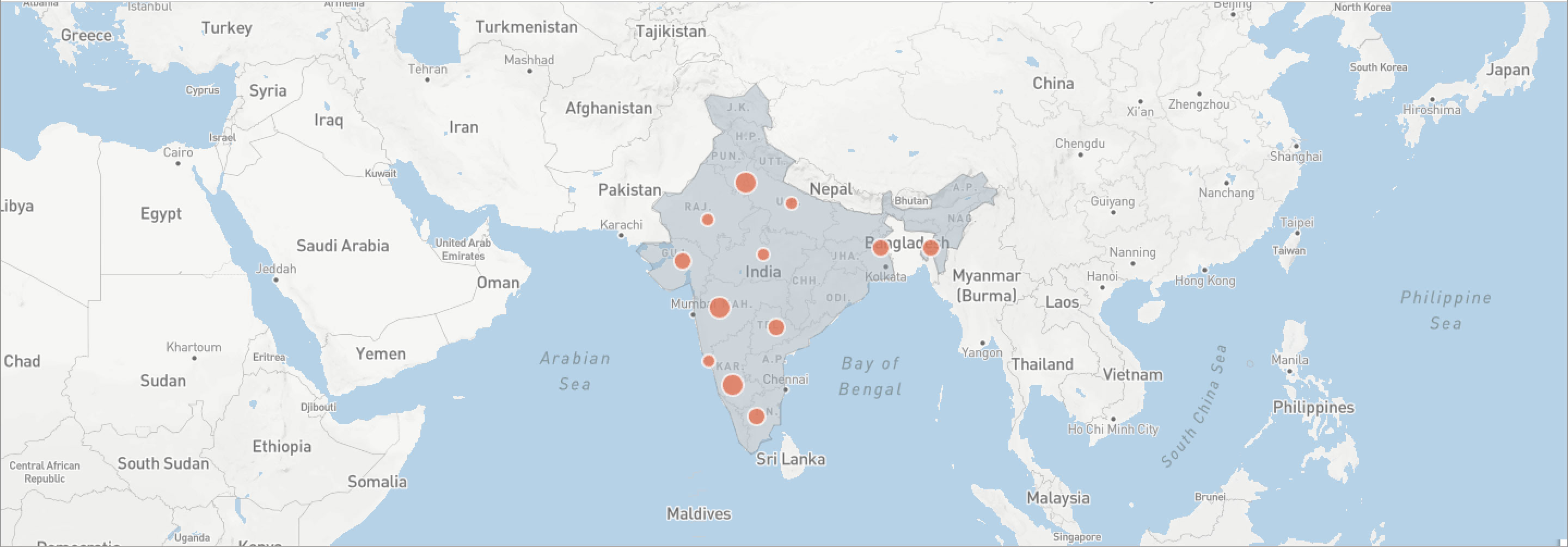 Map of India with pins of where the MacArthur Foundation has given grants.