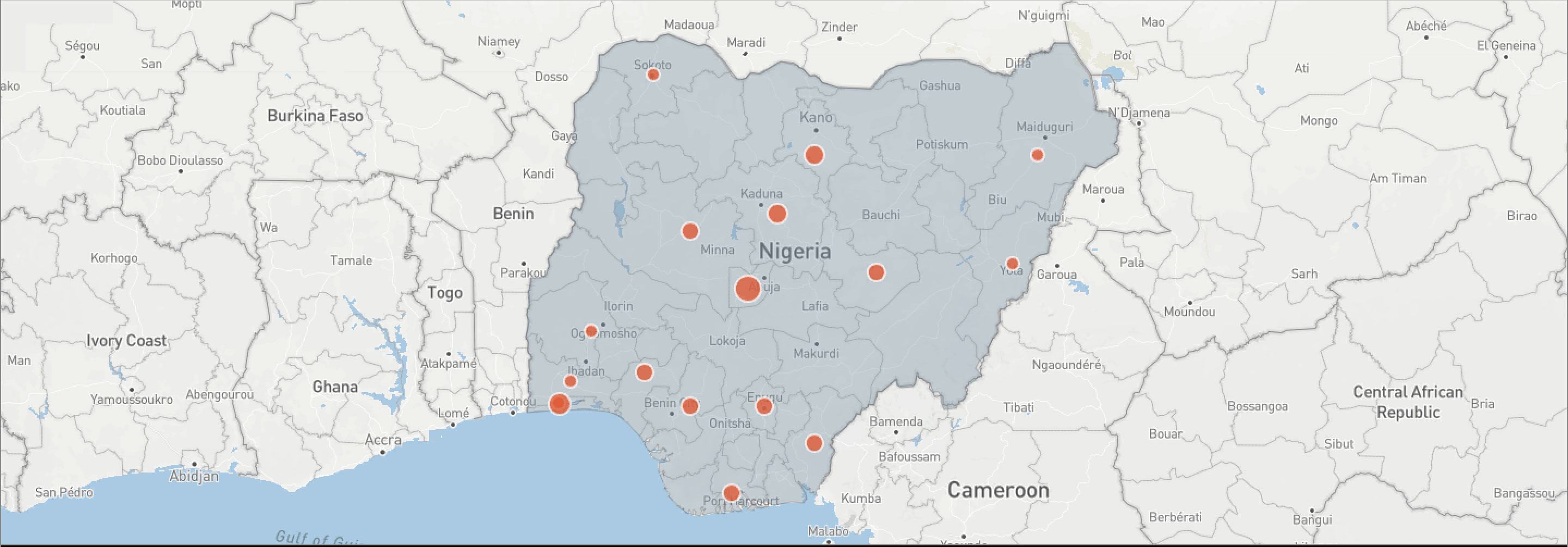 Map of Nigeria with pins of where MacArthur Foundation has given grants.