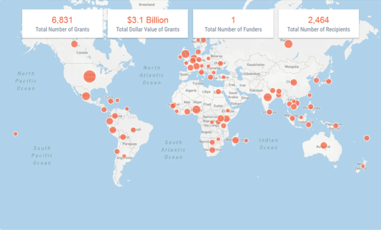 A map of the world with pins of where the MacArthur Foundation has given grant funding.