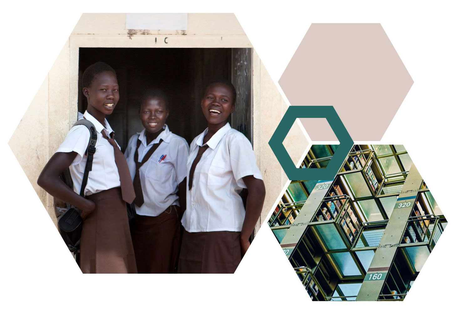 Hexagon collage with image girls standing in front of school and an image of several floors of a library