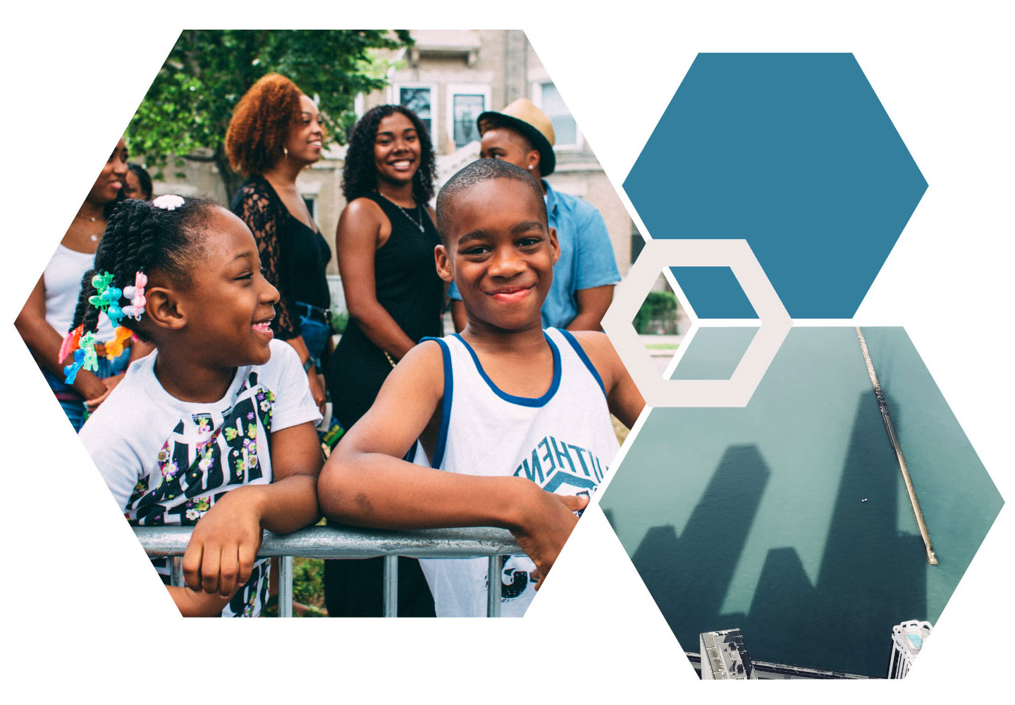 Hexagon collage with images featuring Chicago kids at a festival and an image of Chicago building’s shadows on Lake Michigan.