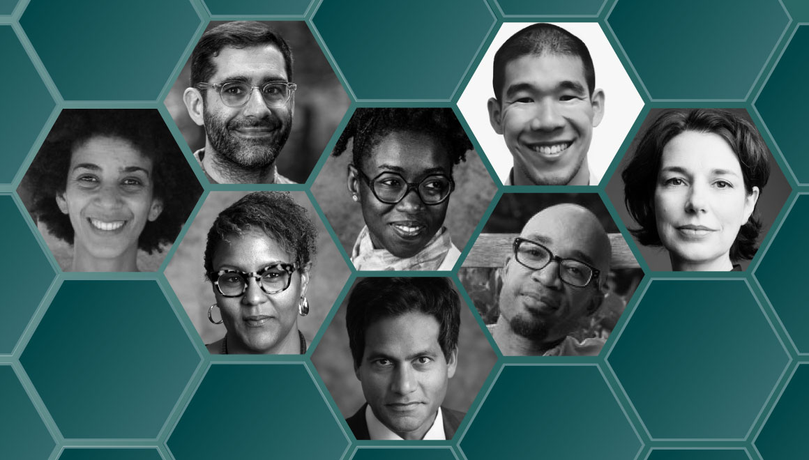 A collage of faces of technology experts in a hexagon grid.
