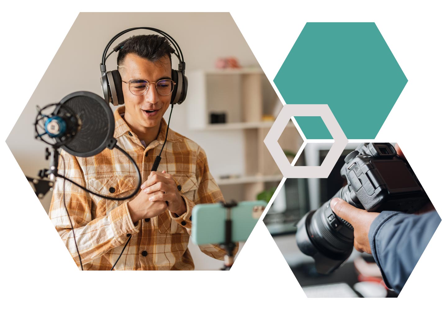 Collage of images, man with headphones speaking into a microphone, person holding a camera, teal hexagon