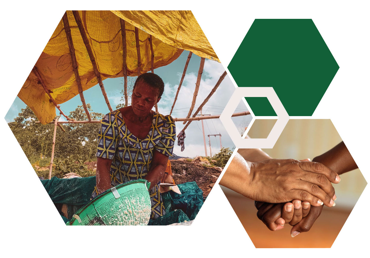 Hexagon collage with an image of a Nigerian woman working outside and an image of clasped hands of two people.