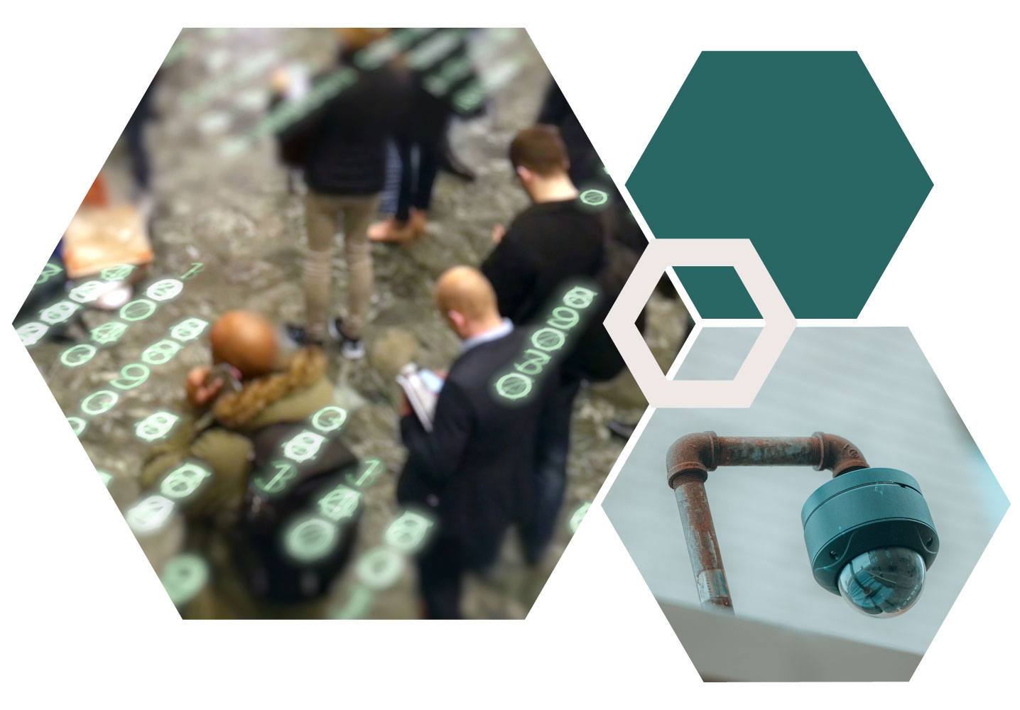 Hexagon collage with image of business people looking at their phones, and an image of a 360 surveillance camera.