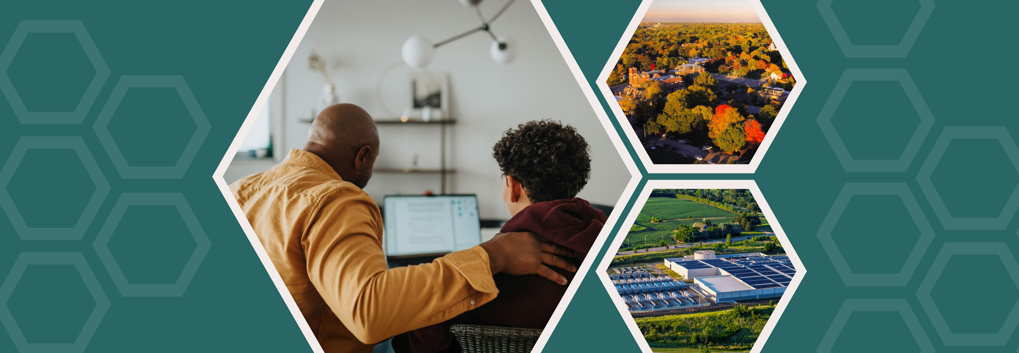 A teal banner intercut with three hexagons showing photos of different ways people use AI. The central, largest Hexagon shows a father and son with their backs to the camera, looking at a computer screen togetehr. The top right hexagon shows an arial view of a neighborhood in autumn. The bottom right hexagon shows an aerial view of a data center.