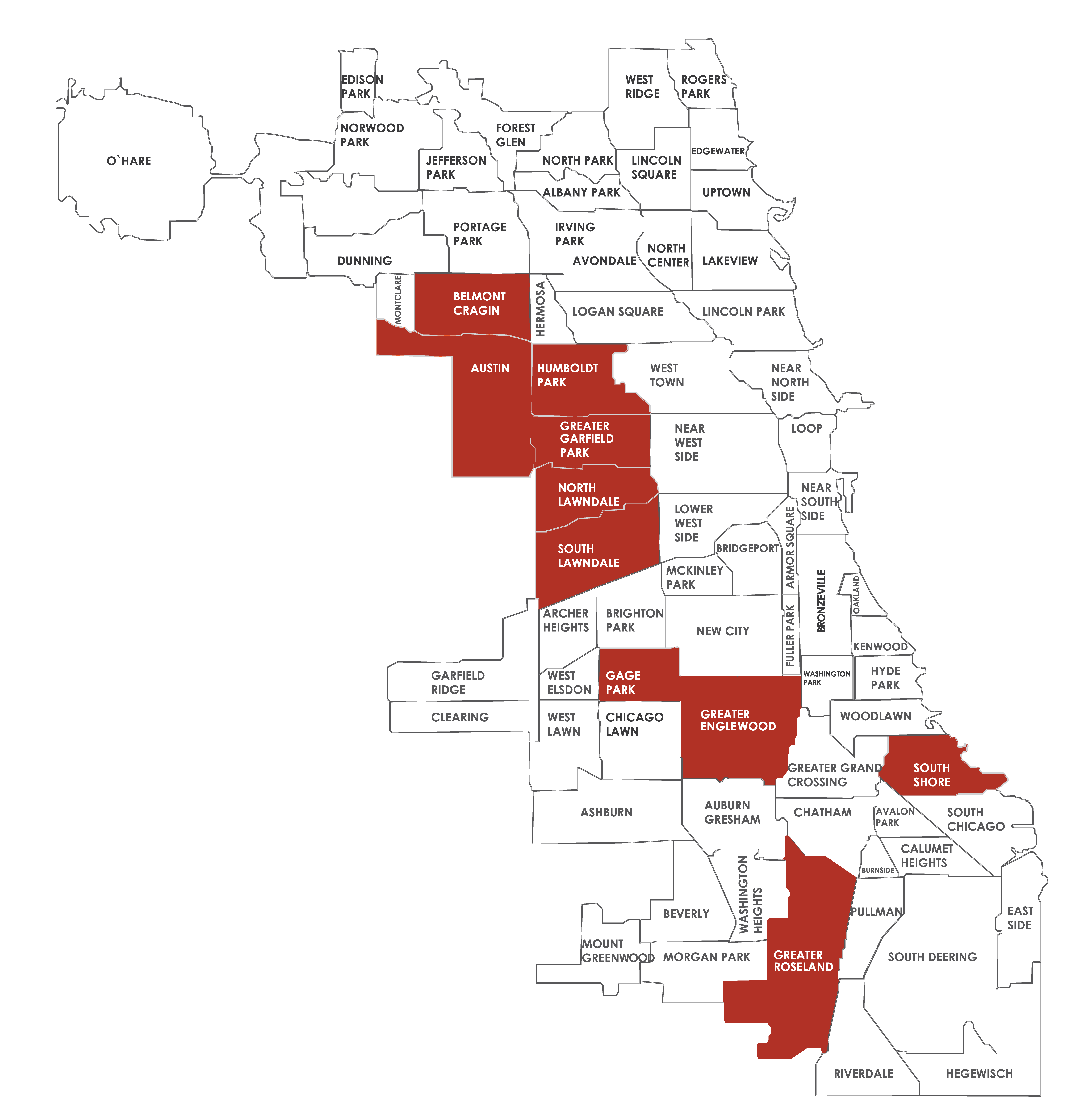 Chicago map with neighborhoods shaded in orange and purple