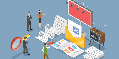 Illustration of various advertising methods including print, digital, and broadcast media.