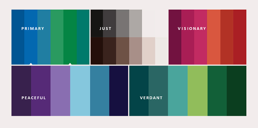 Columns of colors grouped by category: Primary = blues and greens; Just = shades of gray and flesh tones; Visionary = shades of red and orange; Peaceful = shades of blues and violets; Verdant = shades of green