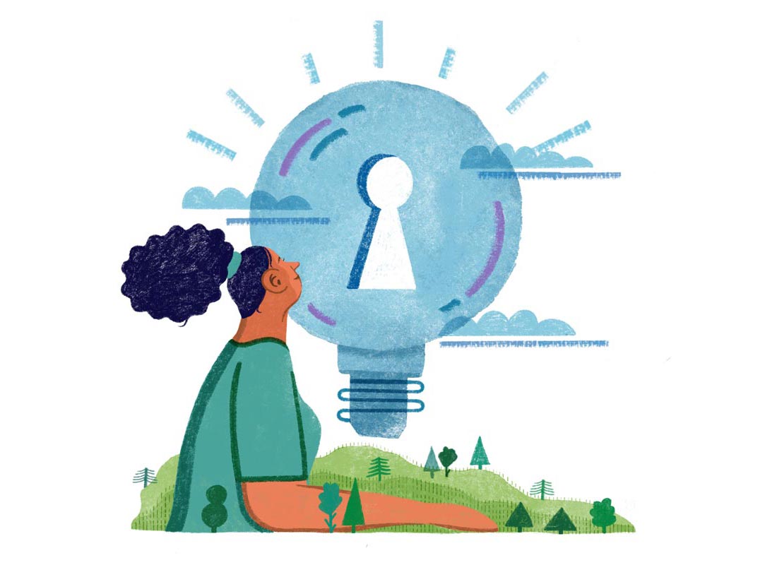 illustration of a woman running looking at a large lightbulb shape with a keyhole in it. 