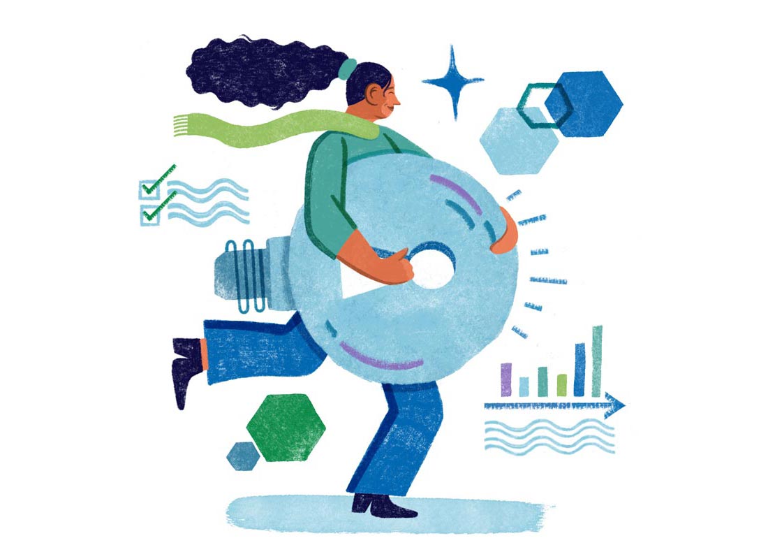 illustration of a woman running with a large lightbulb shape with a keyhole in it. 