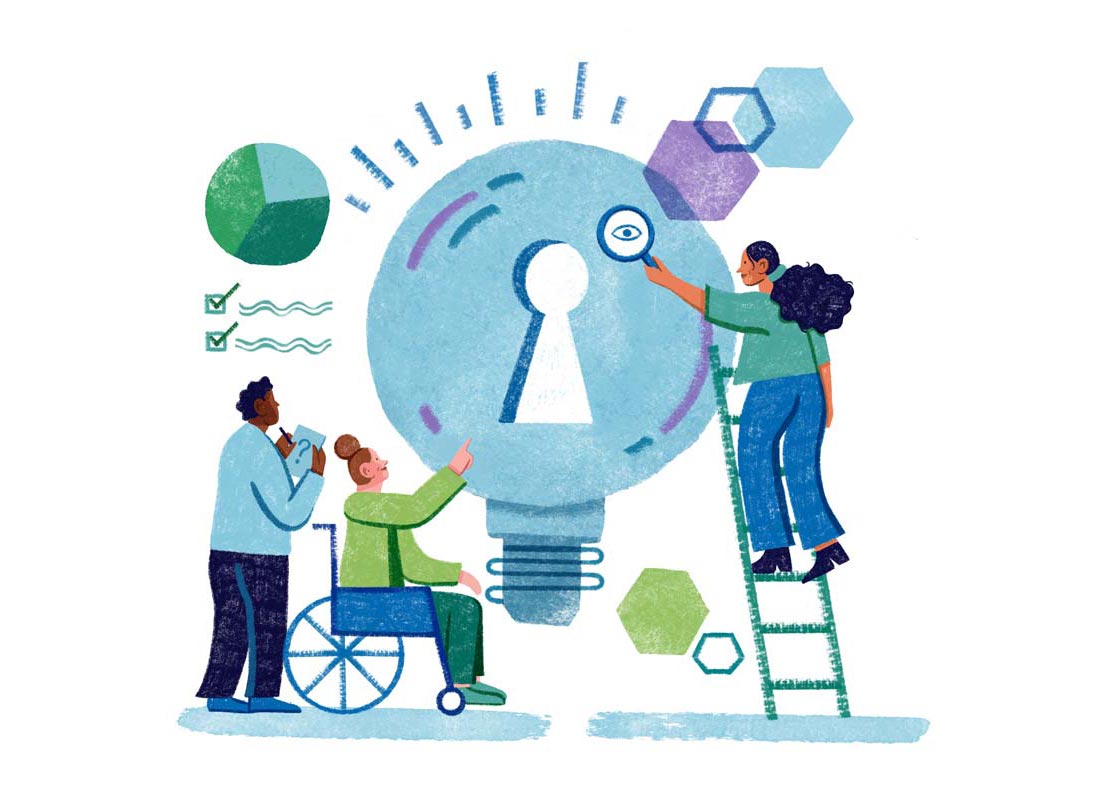 illustration of a three people around a large lightbulb shape with a keyhole in it. 