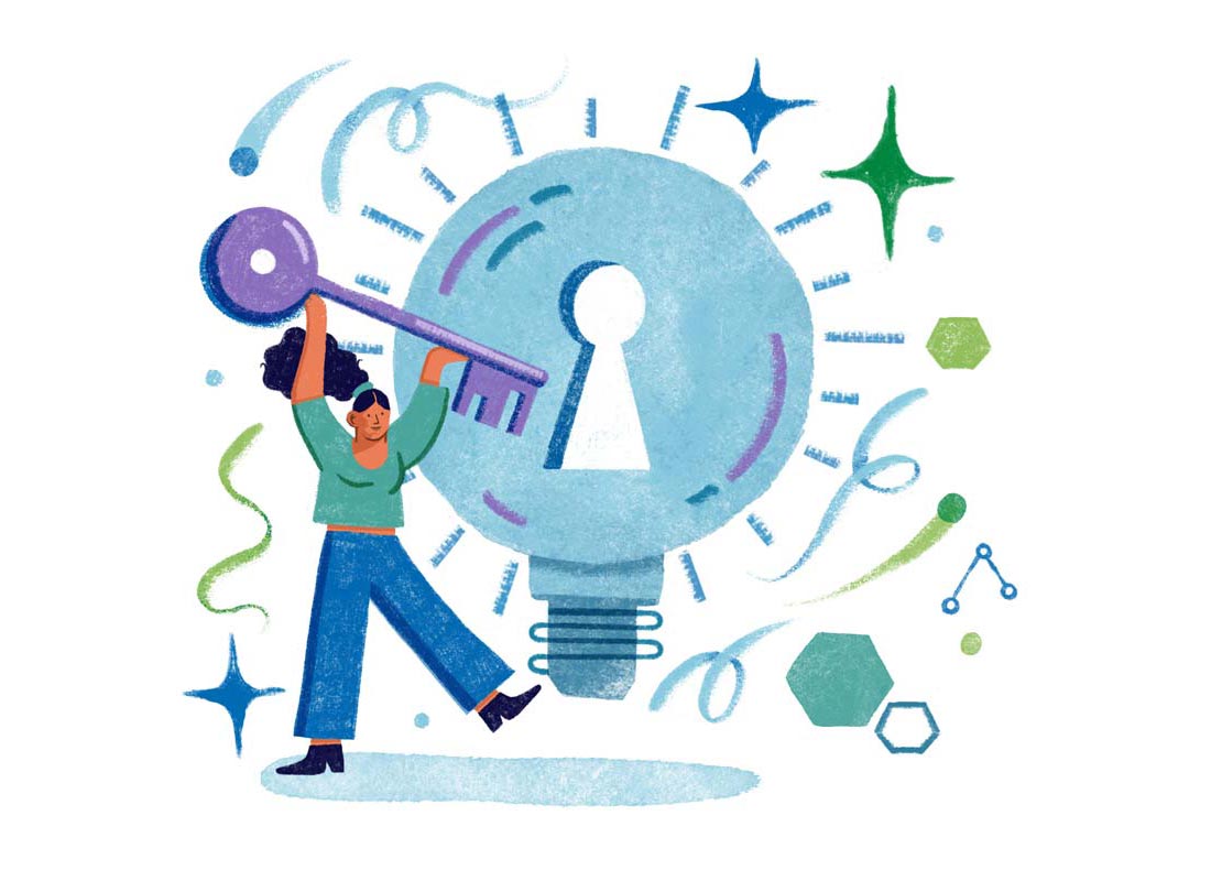 illustration of a woman holding a large key to a lightbulb shape with a keyhole in it. 