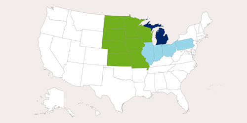 Map of the United States with select Midwestern states highlighted in green, dark blue, and light blue.