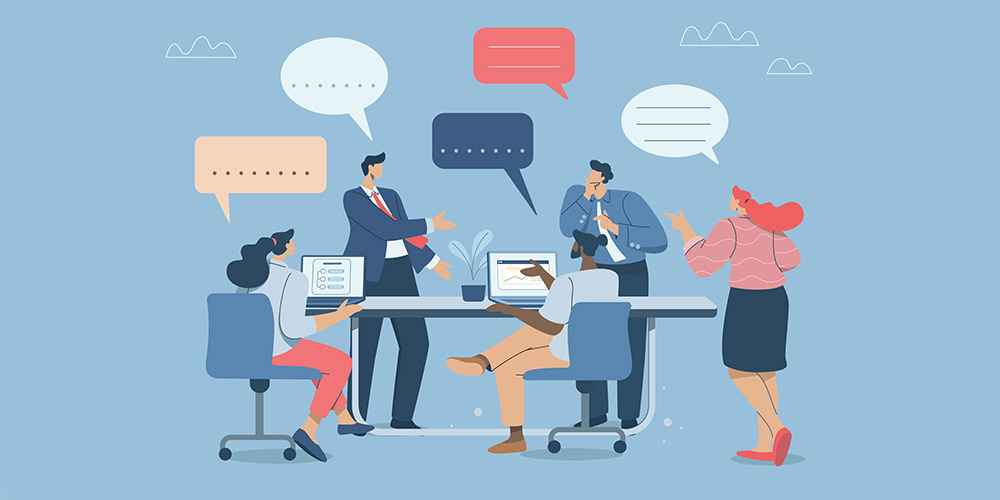 A blue rectangle with an illustration of diverse workers at a conference table. Some of the workers wear professional suits and others are dressed more informally. They group talks animatedly, surrounded by color speech balloons.