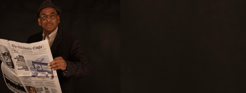 Man holding a newspaper next to a quote about a new nonprofit newsroom. with a quote: “My vision for this new nonprofit newsroom is that it be the publication that Tulsans say they want.”