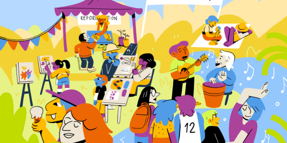 A vibrant illustration showing community members attending a local fair. The participants make music, create art, and enjoy food together. 