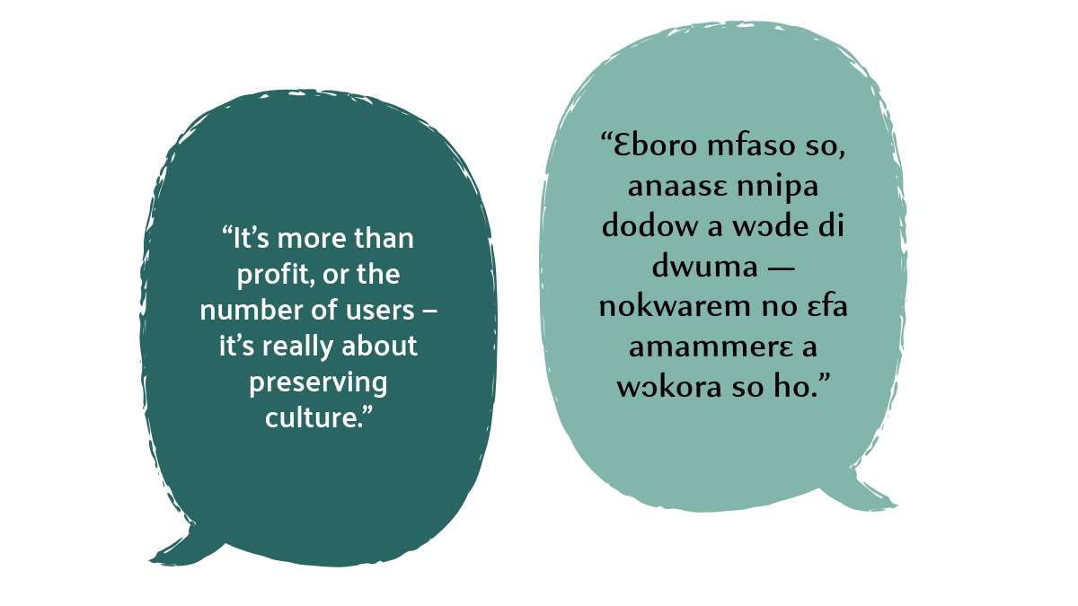 Side-by-side speech bubbles demonstrating text in English being translated into Twi by an AI model. English text: 