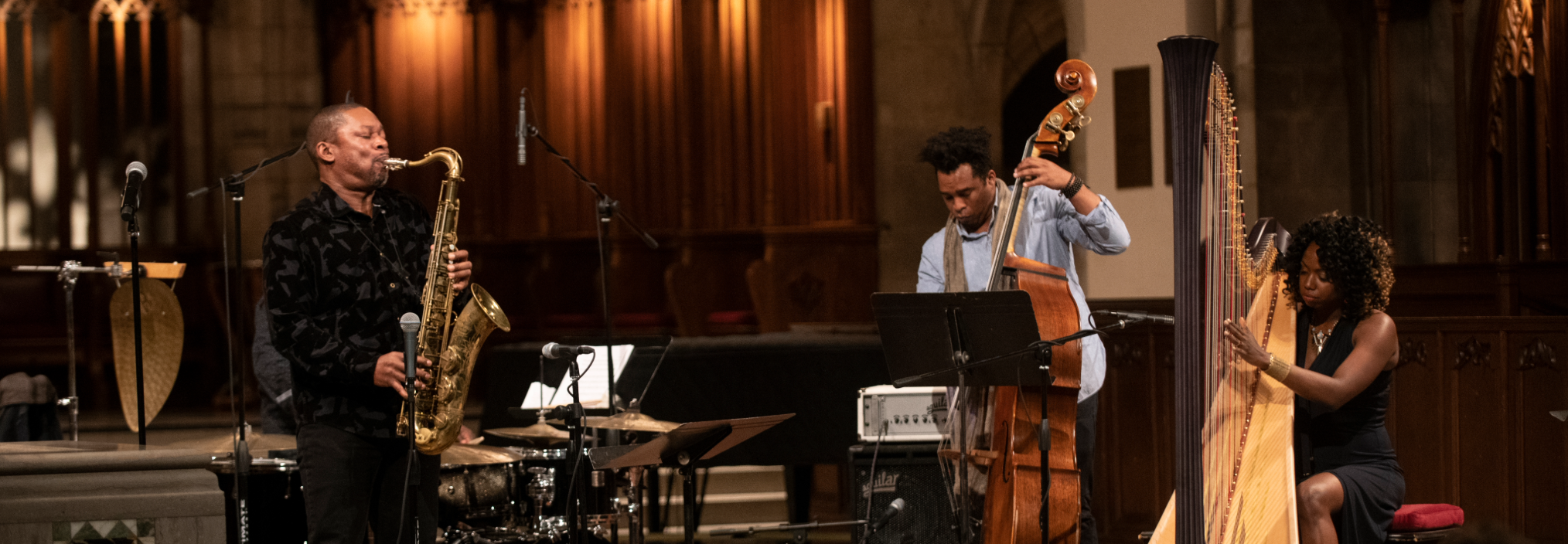 A trio of Jazz musicians entertains a crowd during a community concert.