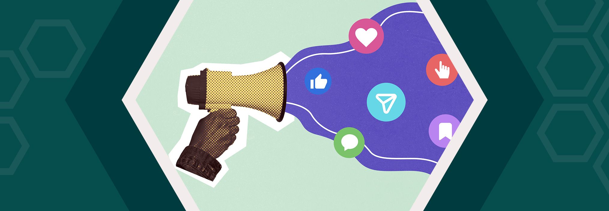 A hand holds a megaphone, projecting social media icons like thumbs up, heart, and chat bubbles.