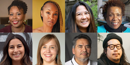 A collage of eight diverse adults smiling, shown from the shoulders up, against various backgrounds.