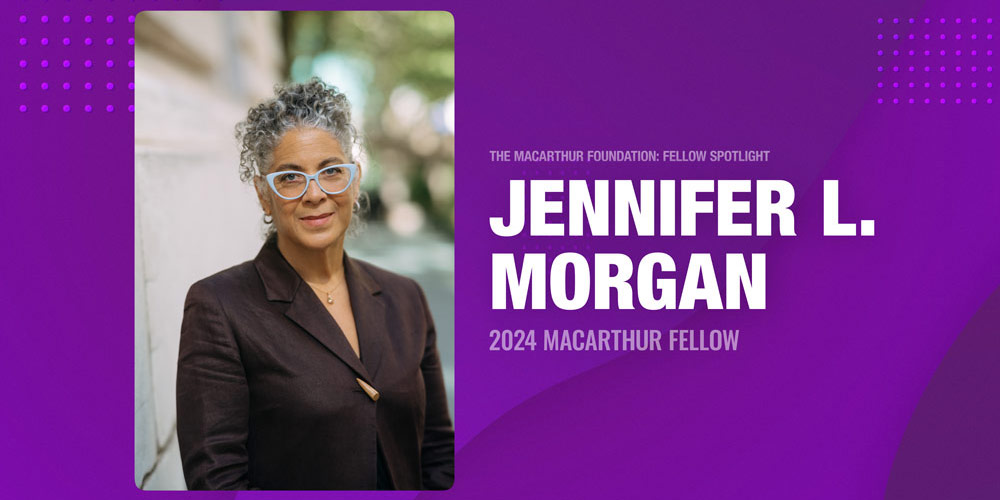 Portrait of Jennifer L. Morgan, 2024 MacArthur Fellow, on a purple graphic background with her name and fellowship title.