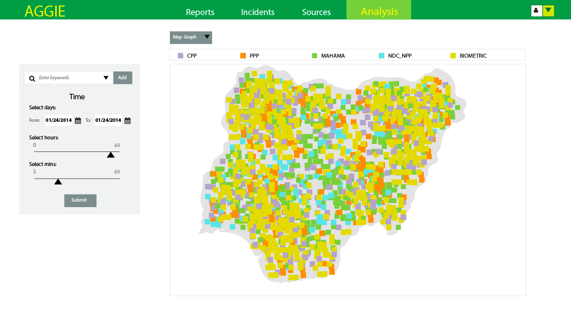 screen grab of interactive map of Nigeria with multicolored spots