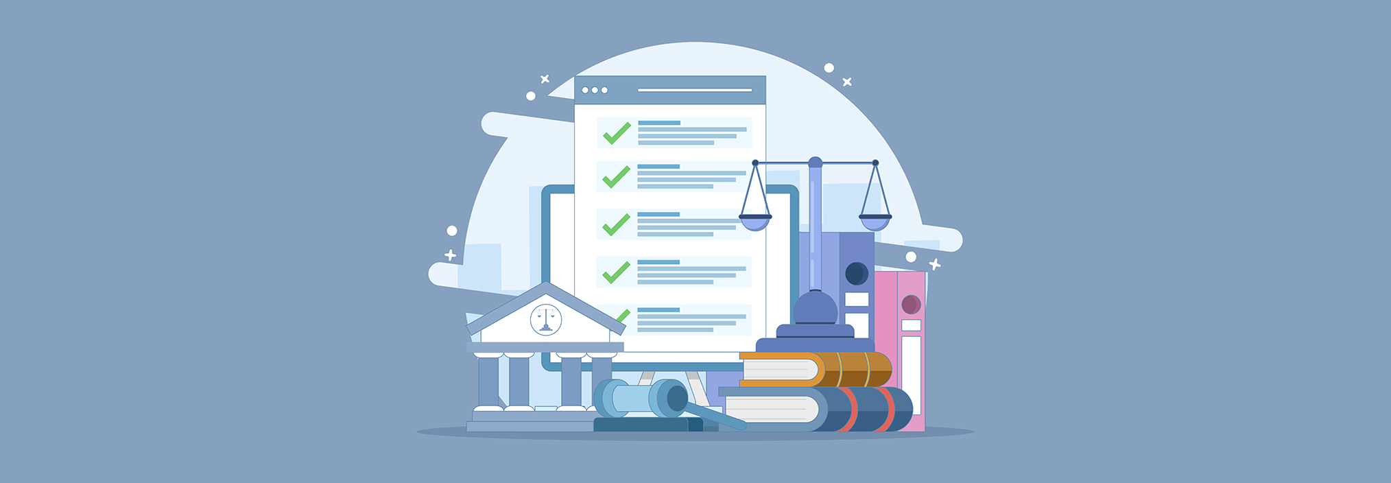 Illustration of legal icons, checklist with green check marks, scales of justice, books, and files on a blue background.