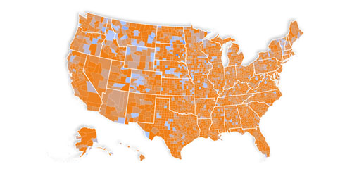 Map of the United States with counties colored in orange and blue.