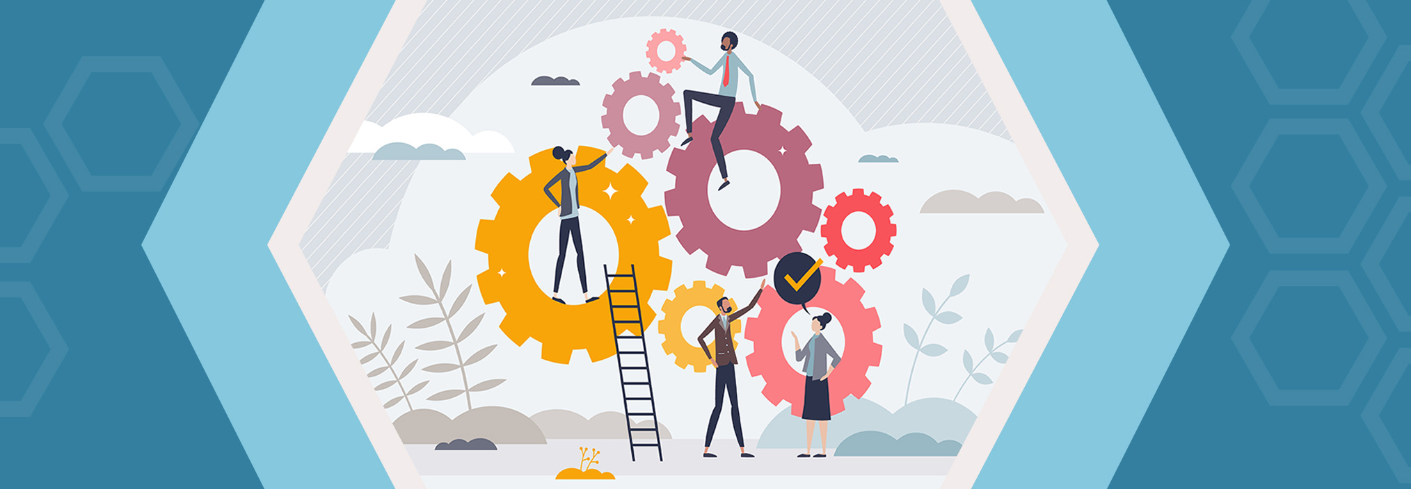 Illustration of five people interacting with large cogs in a collaborative work environment, set against a blue background.
