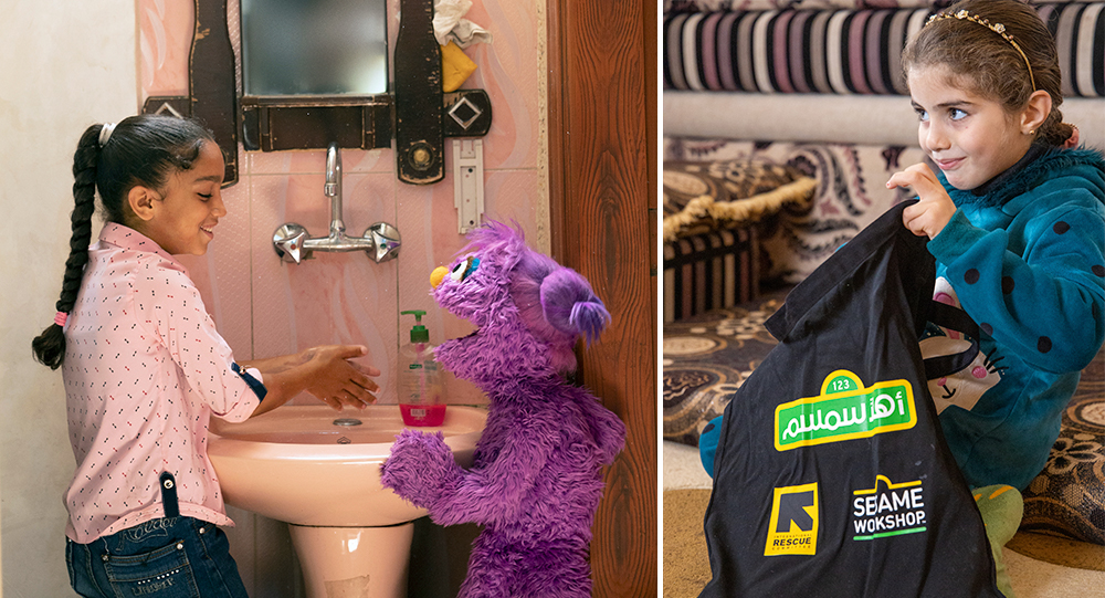 Left: Smiling young Syrian girl washing her hands next to a purple muppet. Right A young Syrain girl looking into a book bag