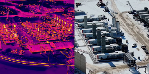 A split image with a thermal view of an industrial area on the left and a standard aerial photo of a similar scene on the right.