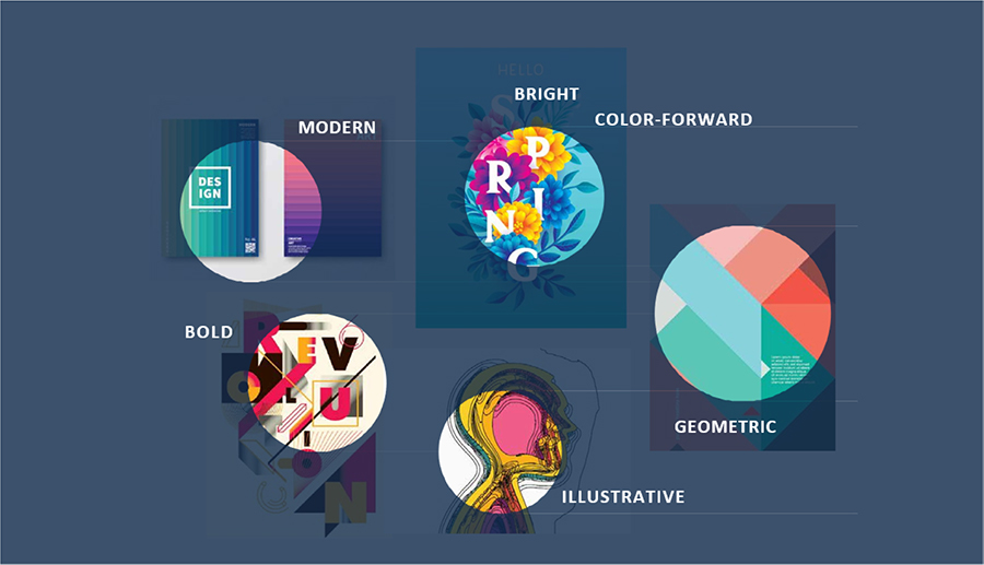 collection of illustrations that exemplify design concepts of modern, bright, color-forward, geometric, bold, and illustrative