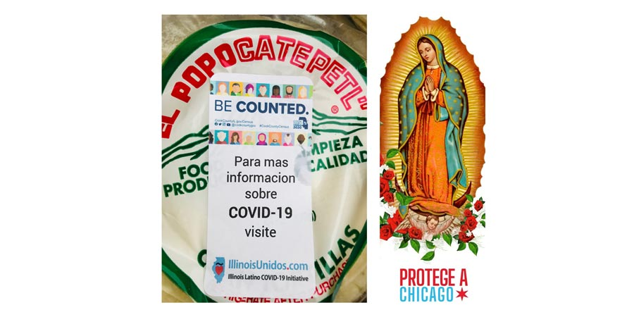Bolsas de tortillas con información sobre las vacunas y marcadores de la Virgen de Guadalupe.