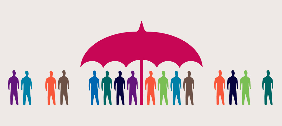 illustration of umbrella with people under it and people outside of the umbrella