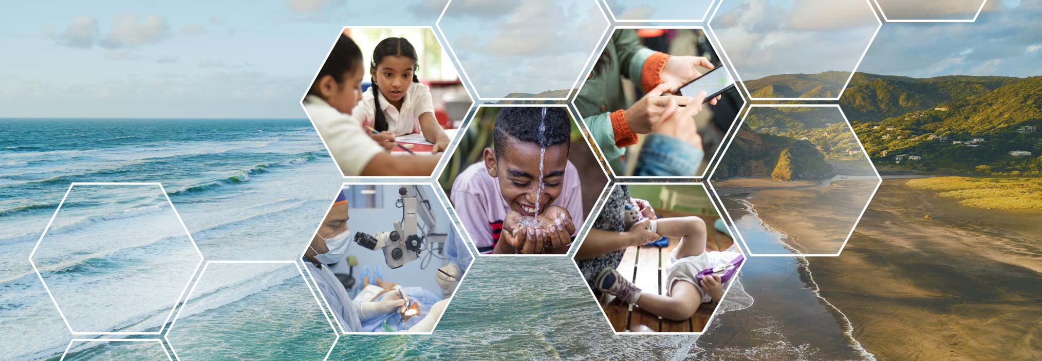 Hexagonal collage with scenes of education, surgery, a child with water, using a smartphone, and a child on a bench, overlaid on a coastal ocean background.