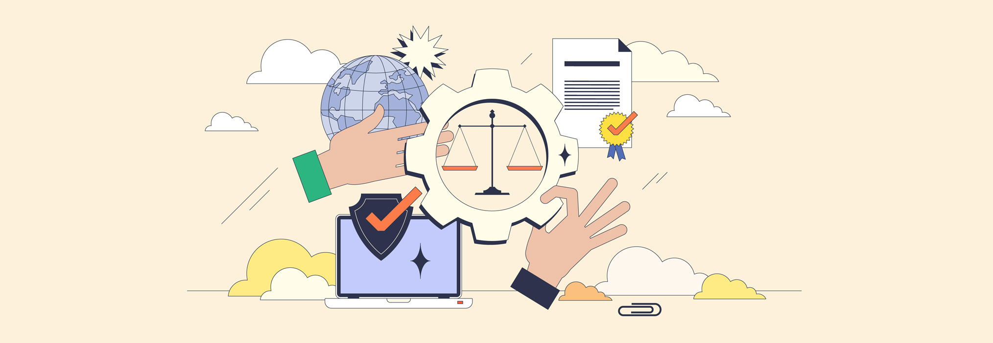 A tidy illustration of hands, gears, technology, and weighted scales representing the need to balance AI development as a collective responsibility.
