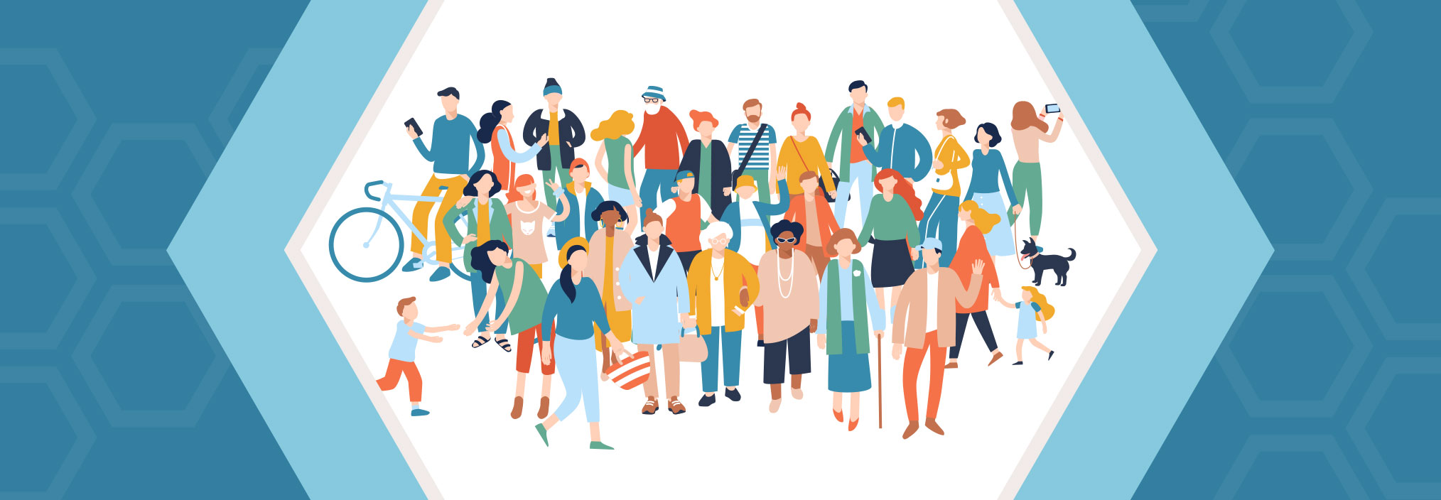 Illustration of a diverse group of people, including children, adults, and seniors, some with pets or bikes, on a hexagon background.